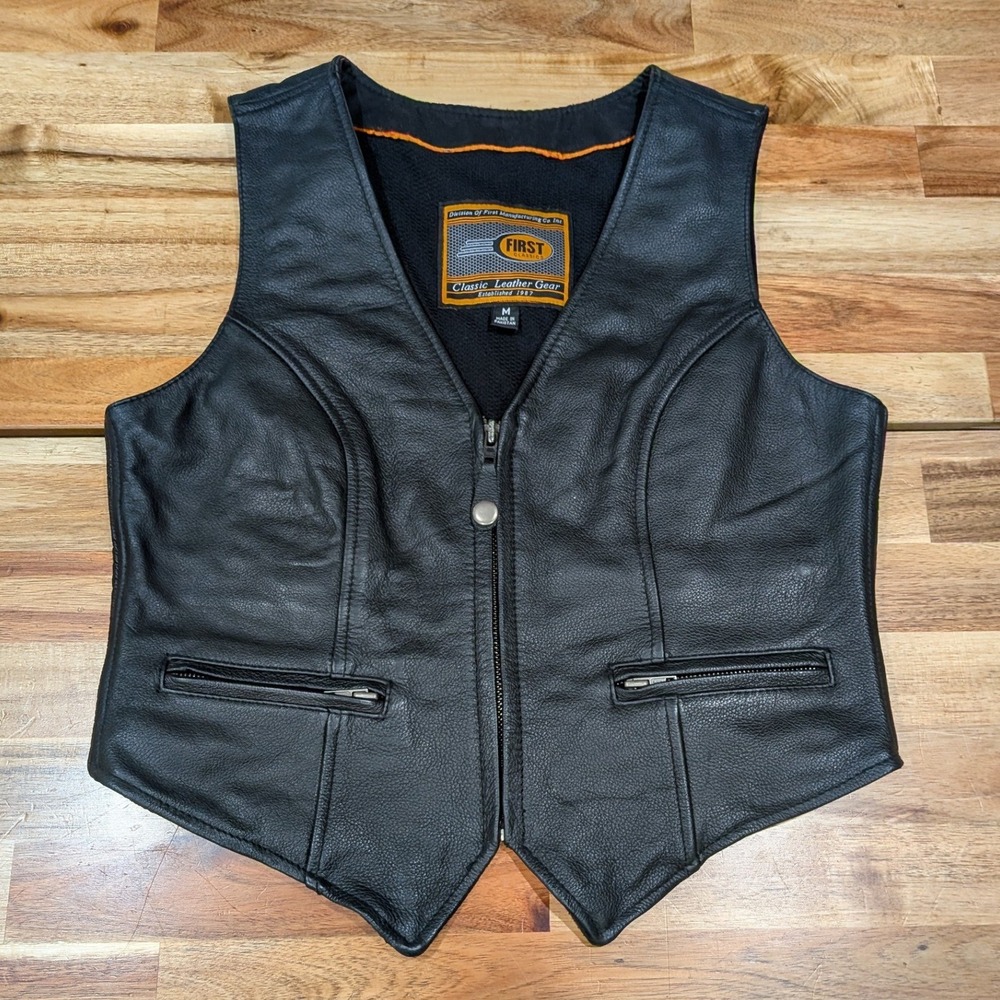 First Classics Women's Leather Motorcycle Vest Medium Black Biker Cruiser